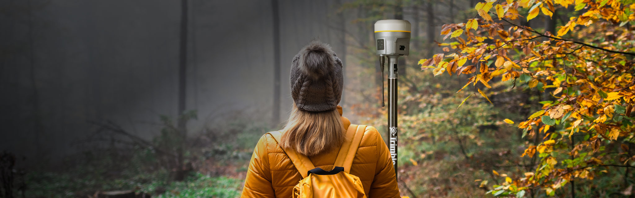 Surveyor facing forest carrying a Trimble R12i antenna