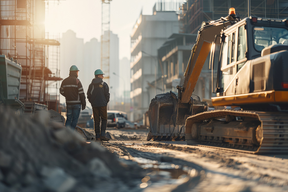 two men next to an excavator