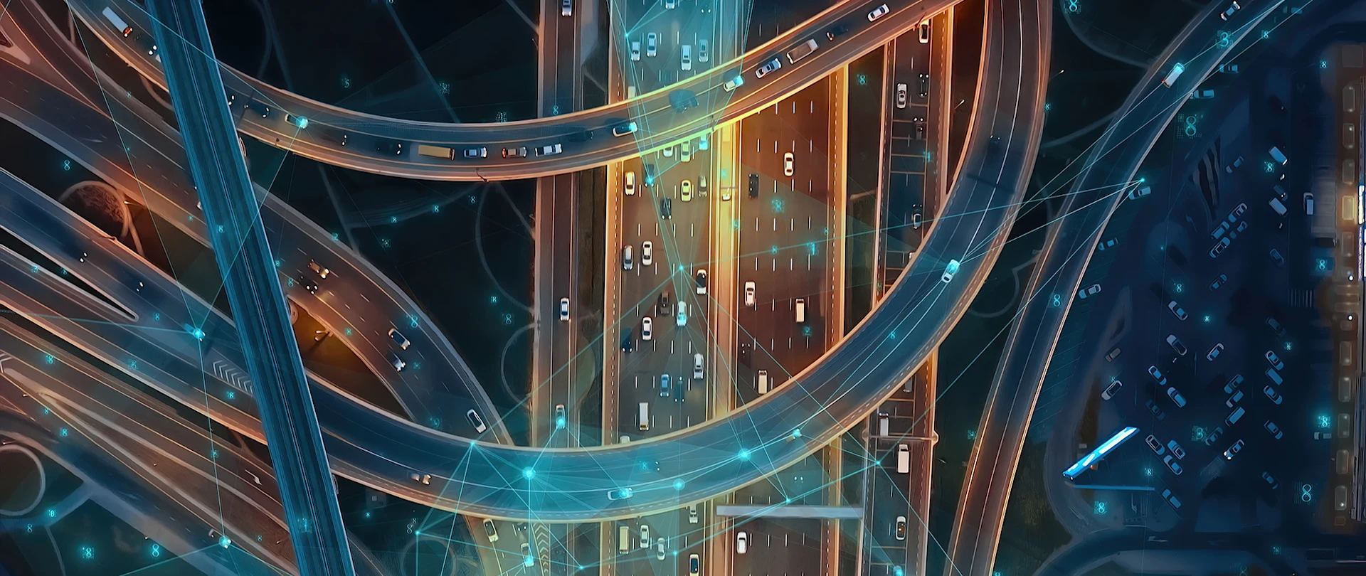 aerial view of autonomous vehicles moving around the highway via satellite corrections.