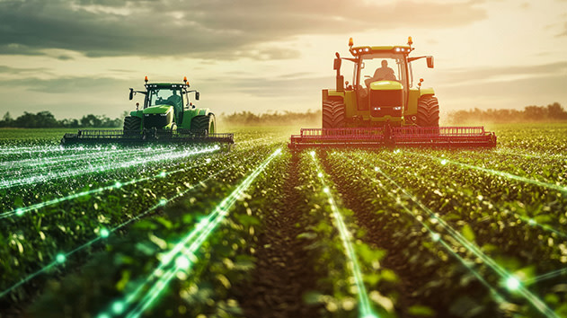 Two tractors plowing a field using autonomous equipment