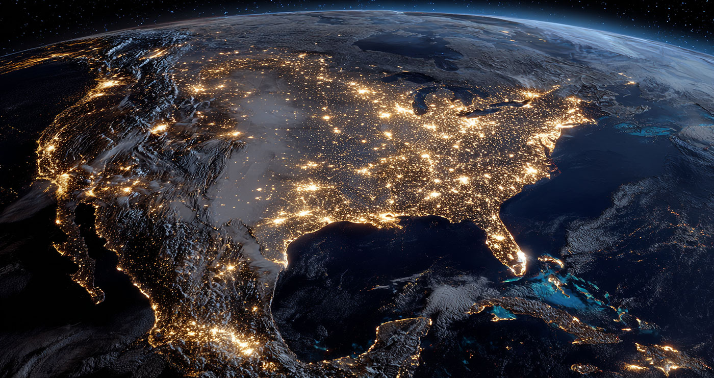 Image of north america with lights over cities taken from space