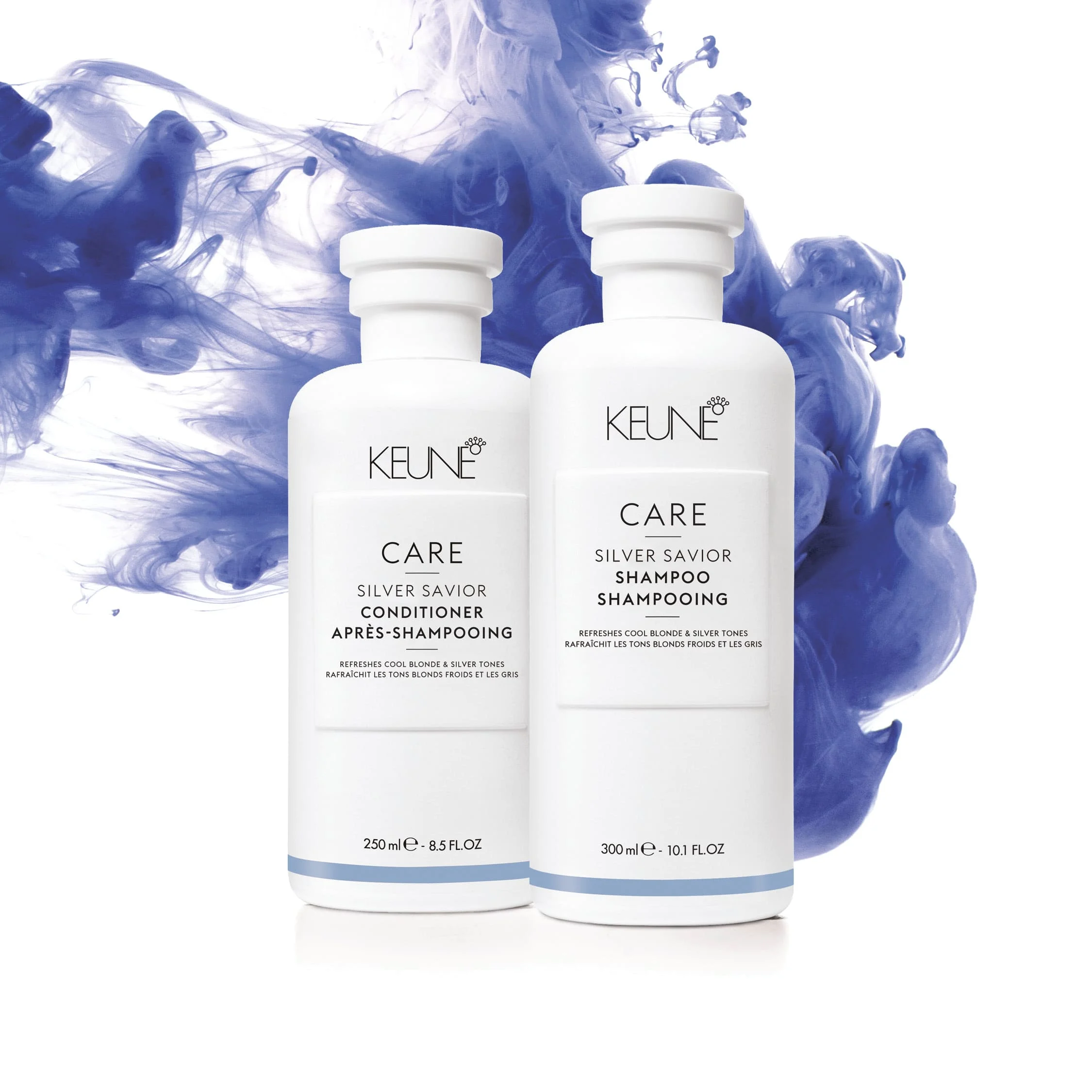 Image of bottles Keune Care Silver Savior Shampoo and Conditioner with 