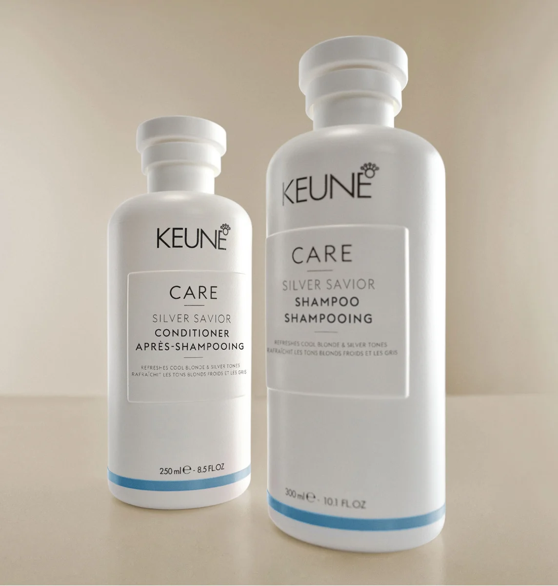 Image of bottles Keune Care Silver Savior Shampoo and Conditioner with 