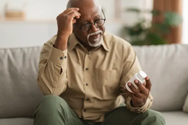 Older man reading the side effects on his prescription.