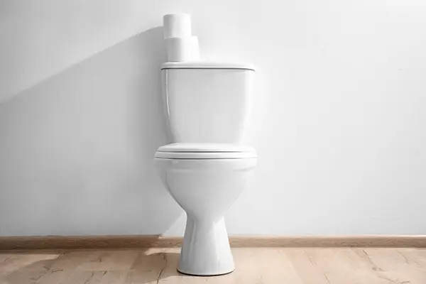 A close-up of a lone toilet with two rolls of toilet paper sitting on top of it. 