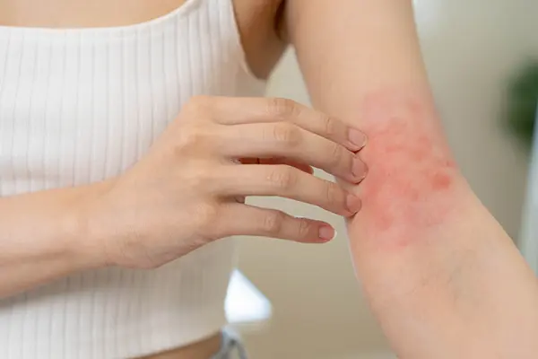 Eczema flare-up on inner elbow.