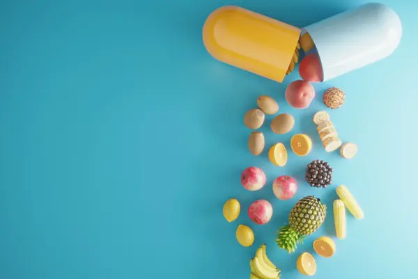 Open vitamin capsule with fruits and vegetables falling out.