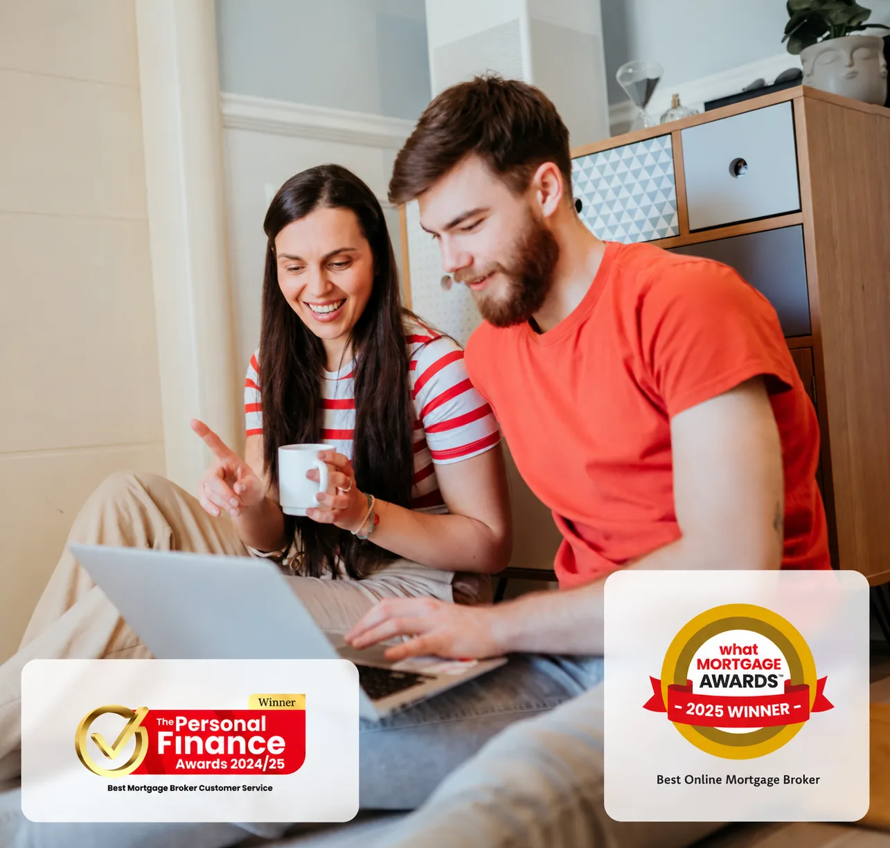 Two people sit at a laptop smiling discussing finances with a mortgage advisor on the screen. Trustpilot badge is shown in the top left and affordability is shown bottom right.
