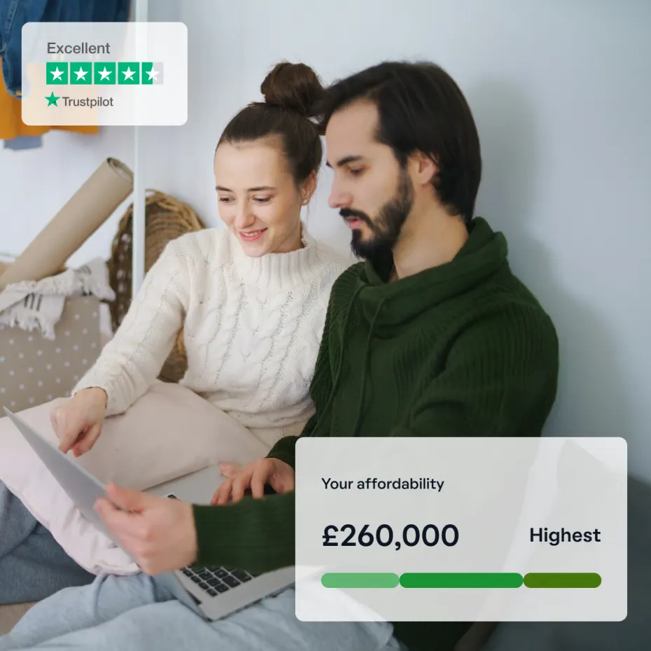 Two people sit at a laptop smiling discussing finances with a mortgage advisor on the screen. Trustpilot badge is shown in the top left and affordability is shown bottom right.