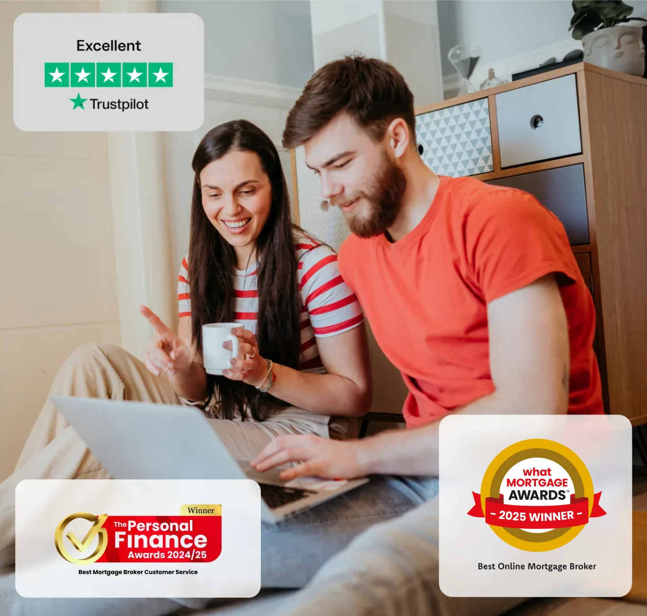Two people sit at a laptop smiling discussing finances with a mortgage advisor on the screen. Trustpilot badge is shown in the top left and affordability is shown bottom right.