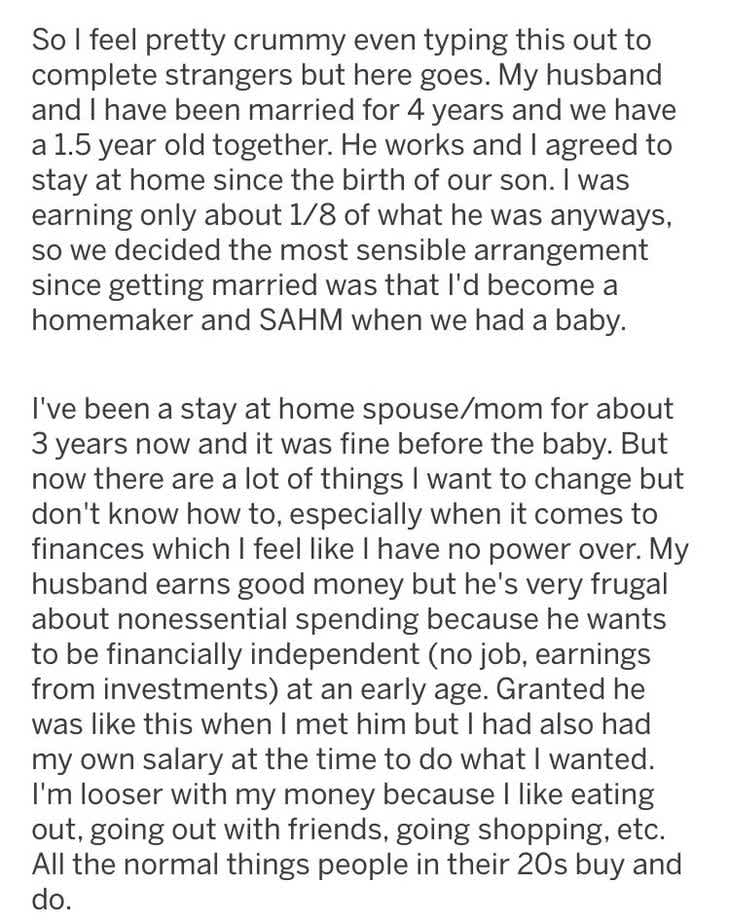 Powerless Stay At Home Mom Wants Husband To Pay Her A Salary Instead