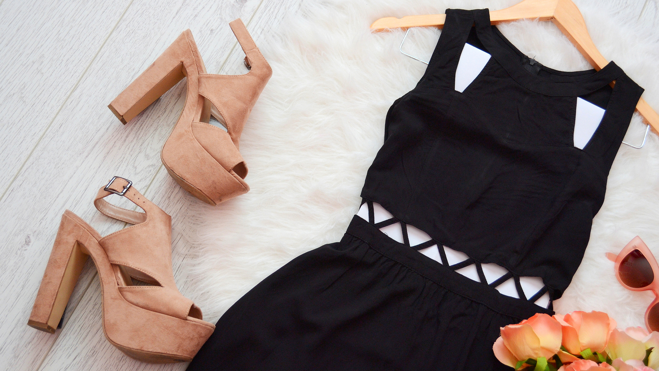 peach dress with black shoes