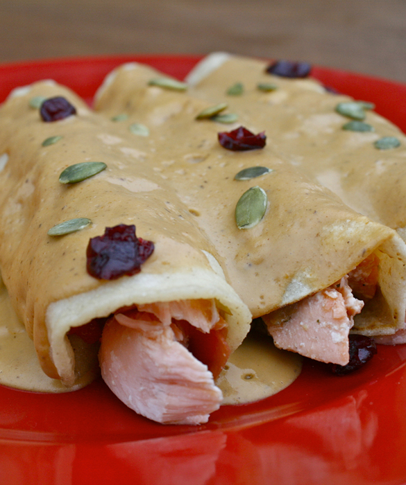 Salmon Enchiladas in a Cranberry Pipián Sauce