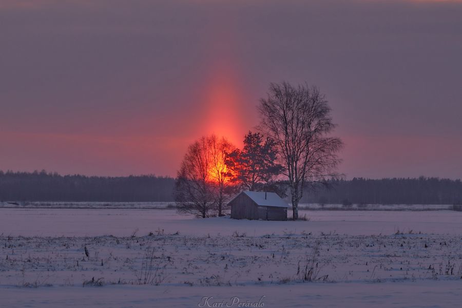 Auringonlasku pellon päällä olevan puutalon ja sitä ympäröivän kolmen puun takana.