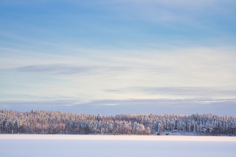 Jäätynyt järvimaisema, jonka taustalla näkyy vaaleita puita ja sininen taivas