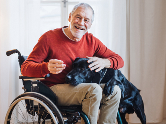 Senior im Rollstuhl ist glücklicher darüber, dass Treppenstufen nun keine Hürde mehr sind.