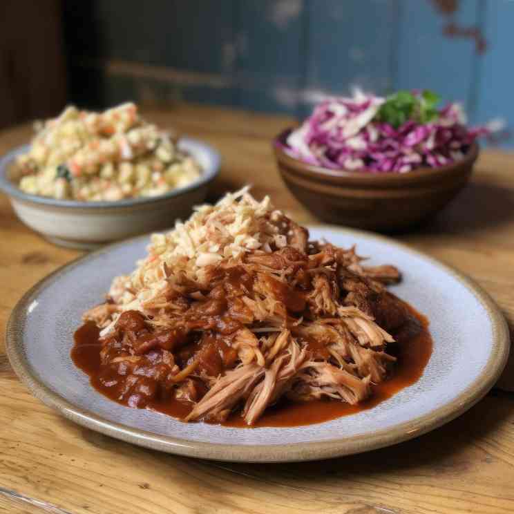 Pulled Pork mit Weißkraut Salat und BBQ Soße auf einem Teller