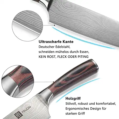 PAUDIN Kochmesser, Klingenlänge 20 cm Profi Küchenmesser Messer Chefmesser Allzweckmesser aus hochwertigem Carbon Edelstahl, Extra Scharfe Messerklinge mit ergonomischem Griff - 5