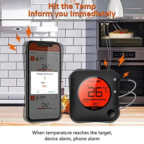 BFOUR 100m Grillthermometer Bluetooth, Fleischthermometer kabelloses mit 4 Edelstahlsonden, große LCD-Anzeige, Bluetooth Bratenthermometer für Grill, Smoker, Ofen, BBQ - 2