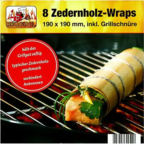 BBQ DEVIL - 8 Zedernholz-Wraps 190 x 190 mm, inkl. Grillschnüre, hält das Grillgut saftig, typischer Zedernholzgeschmack, verhindert anbrennen I Wood Papers I Grillpapier Zeder I Räucherpapier - 3