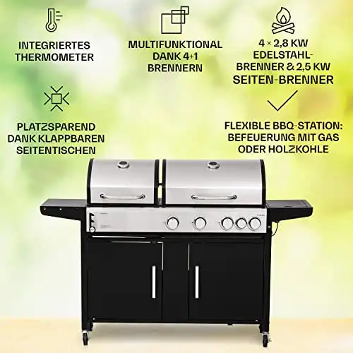 Klarstein Gasgrill für Camping Balkon Garten, mit 5 Brenner, 13700W Edelstahl, Outdoor Gasgrill mit Seitenbrenner, Gas Grill Kombigrill für Propan & Kohle, mit Grillabdeckung - 0