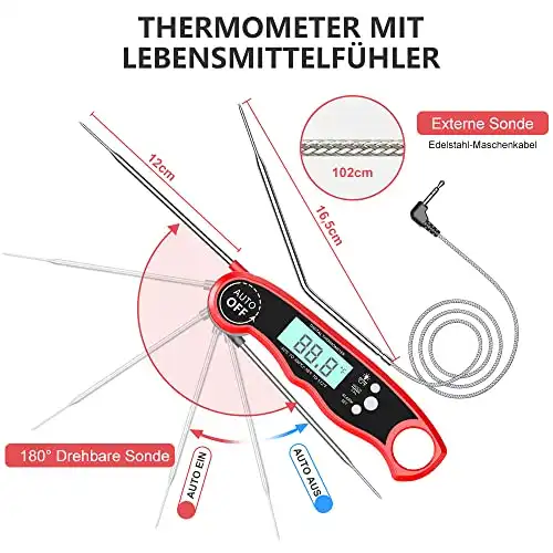 CIRYCASE Fleischthermometer Digital, Sofort Lesen Bratenthermometer Grillthermometer, Externe Lange Sonde mit 102cm-Edelstahlkabel, Alarmeinstellung, Backofenthermometer für Küche, BBQ, Ofen, Backen - 3