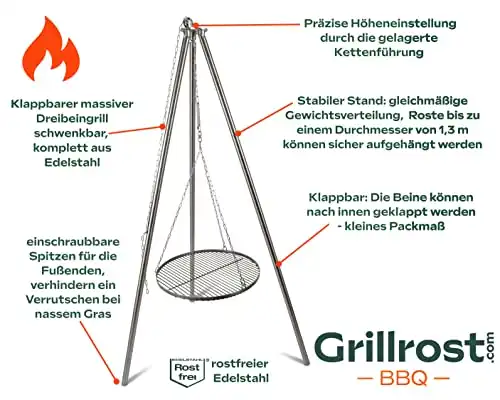 Edelstahl Dreibeingrill | Schwenkgrill - klappbar mit Kettenführung - Sehr robuste deutsche Handwerksarbeit - 1