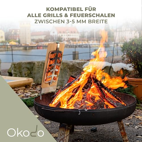 Okodo - Flammlachsbretter mit Halterung inkl. Räucherchips - 180° wendbar mit 5 Einstellungen - spülmaschinenfest - Lachsbretter zum Grillen aus Holz - 3