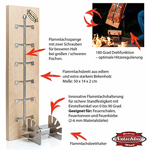 Axtschlag Flammlachsbrett Essential Line Birkenholz extrastark, 4-Fach verstellbare Halterung aus Edelstahl für Feuerschale, Feuertonne, Feuerkorb - 1