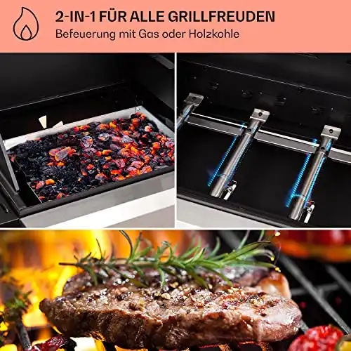 Klarstein Gasgrill für Camping Balkon Garten, mit 5 Brenner, 13700W Edelstahl, Outdoor Gasgrill mit Seitenbrenner, Gas Grill Kombigrill für Propan & Kohle, mit Grillabdeckung - 1