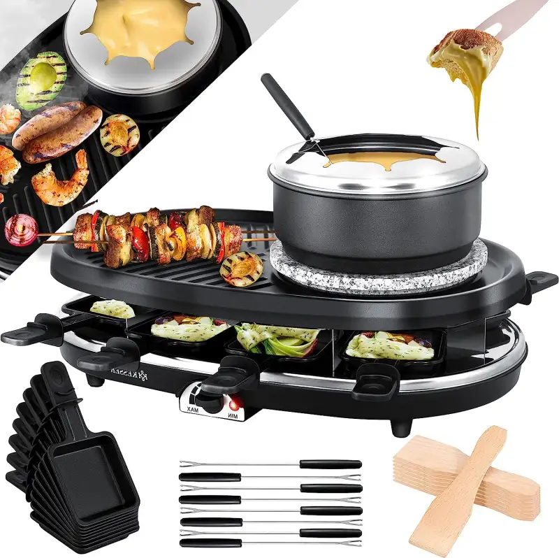 KESSER® 3in1 Raclette-Grill mit Naturgrillstein, Grillplatte und Fondue