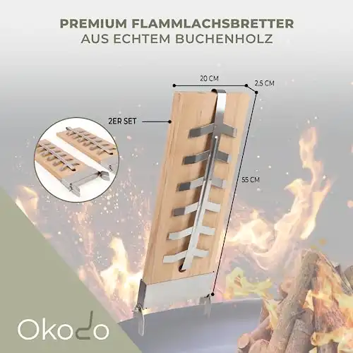 Okodo - Flammlachsbretter mit Halterung inkl. Räucherchips - 180° wendbar mit 5 Einstellungen - spülmaschinenfest - Lachsbretter zum Grillen aus Holz - 0