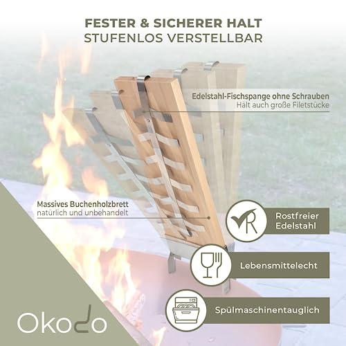 Okodo - Flammlachsbretter mit Halterung inkl. Räucherchips - 180° wendbar mit 5 Einstellungen - spülmaschinenfest - Lachsbretter zum Grillen aus Holz - 1