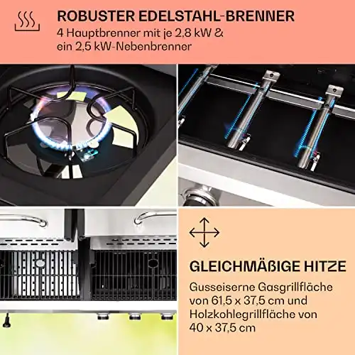 Klarstein Gasgrill für Camping Balkon Garten, mit 5 Brenner, 13700W Edelstahl, Outdoor Gasgrill mit Seitenbrenner, Gas Grill Kombigrill für Propan & Kohle, mit Grillabdeckung - 3