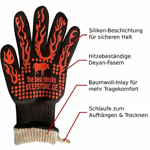 BEEFSTONE Feuerfeste Handschuhe BBQ - Grillhandschuhe by 450°C hitzebeständige, waschbare Ofenhandschuhe/Kochhandschuhe/Backhandschuhe aus Silikon/Deyan-Faser/Baumwolle 34cm, 1 Paar - 1