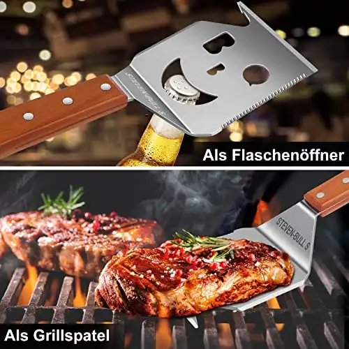 7 in 1 grillspachtel für Barbecue Grill, Multifunktion Grillbesteck mit Holzgriff, Eingebaute grillbesteck-set-Funktion,Kreativer Grillwender, Einzigartige Grillwerkzeuge, Grillen Geschenke für Männer - 1