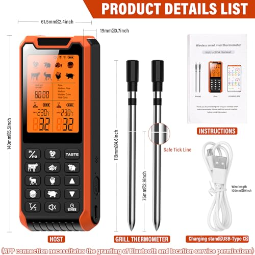 Fleischthermometer Kabellos mit Timer und Alarmfunktion, 210m Bluetooth Signalentfernung 2 Stück Grillthermometer Meat Thermometer IP67 Wasserdicht Bratenthermometer, Digital - 5 Fleischthermometer Kabellos mit Timer und Alarmfunktion, 210m Bluetooth Signalentfernung 2 Stück Grillthermometer Meat Thermometer IP67 Wasserdicht Bratenthermometer, Digital - 5