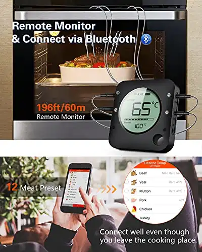 BFOUR 100m Grillthermometer Bluetooth, Fleischthermometer kabelloses mit 4 Edelstahlsonden, große LCD-Anzeige, Bluetooth Bratenthermometer für Grill, Smoker, Ofen, BBQ - 1