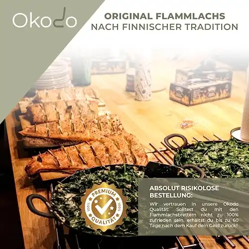 Okodo - Flammlachsbretter mit Halterung inkl. Räucherchips - 180° wendbar mit 5 Einstellungen - spülmaschinenfest - Lachsbretter zum Grillen aus Holz - 5