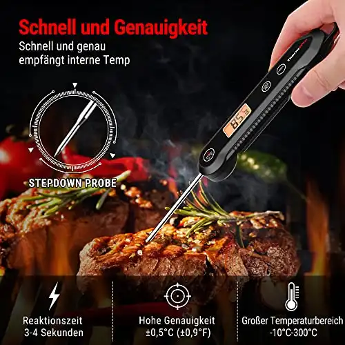 ThermoPro TP03HEU IPX6 Wasserdicht Fleischthermometer 0.5°C Präzise Grillthermometer 3s Schnelle Reaktion Faltbares Küchenthermometer für BBQ, Braten, Grill und Getränken Schwarz - 0