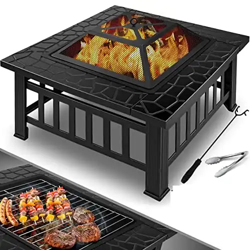 KESSER® Feuerstelle mit Grillrost & Grillzange Feuerschale 82x82x50cm, 3in1 Multifunktional Fire Pit für Heizung/BBQ Grill, Garten Terrasse, Metall Feuerkorb mit Schutzhülle Schürhaken Funkenschutz - 6