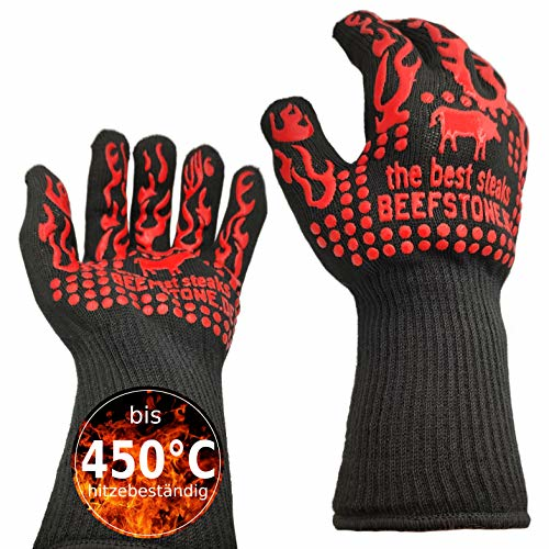 BEEFSTONE Feuerfeste Handschuhe BBQ - Grillhandschuhe by 450°C hitzebeständige, waschbare Ofenhandschuhe/Kochhandschuhe/Backhandschuhe aus Silikon/Deyan-Faser/Baumwolle 34cm, 1 Paar - 2