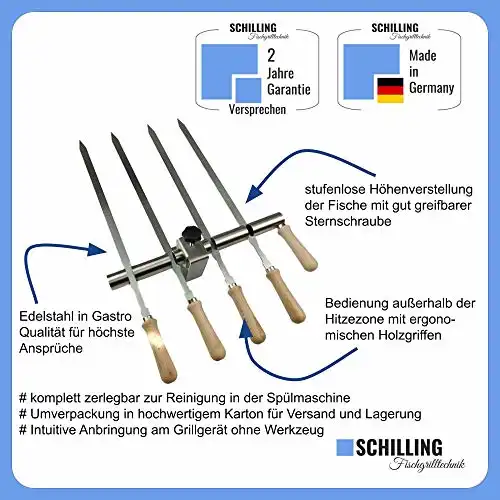 SCHILLING Fischgrilltechnik/Steckerlfisch Halter/Feuerschale/Edelstahlspieße / 4 Fische - 6