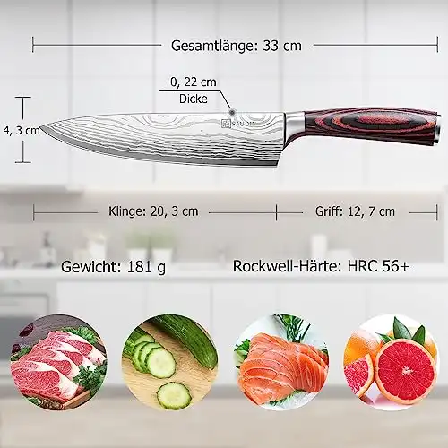 PAUDIN Kochmesser, Klingenlänge 20 cm Profi Küchenmesser Messer Chefmesser Allzweckmesser aus hochwertigem Carbon Edelstahl, Extra Scharfe Messerklinge mit ergonomischem Griff - 0