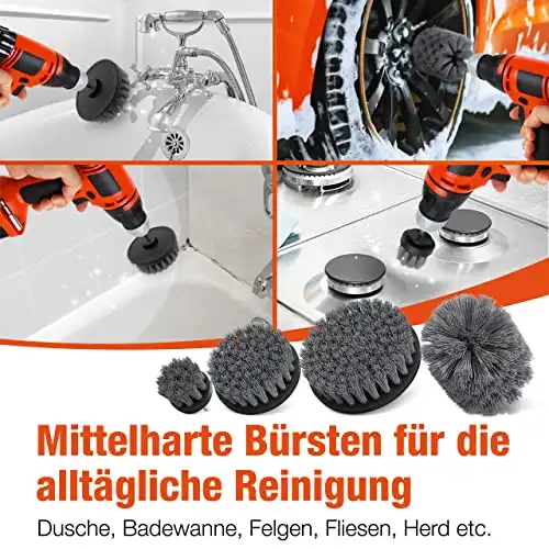 SIMPLES Bürstenaufsatz Akkuschrauber [8er Set] - 3 Härtegrade: Weich, Mittel, Hart - universell einsetzbar| Bürstenaufsatz Bohrmaschine -Felgenbürste Akkuschrauber – Bürste Akkuschrauber – Drill Brush - 3