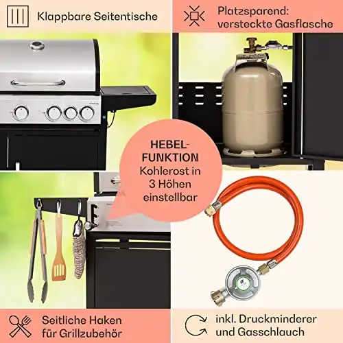 Klarstein Gasgrill für Camping Balkon Garten, mit 5 Brenner, 13700W Edelstahl, Outdoor Gasgrill mit Seitenbrenner, Gas Grill Kombigrill für Propan & Kohle, mit Grillabdeckung - 4