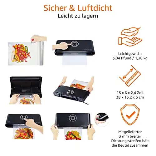 Amazon Basics - Vakuumierer, 30 cm Naht + 10 Vakuumierbeutel, Schwarz - 0