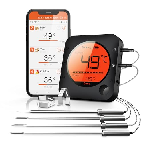 BFOUR 100m Grillthermometer Bluetooth, Fleischthermometer kabelloses mit 4 Edelstahlsonden, große LCD-Anzeige, Bluetooth Bratenthermometer für Grill, Smoker, Ofen, BBQ - 12 BFOUR 100m Grillthermometer Bluetooth, Fleischthermometer kabelloses mit 4 Edelstahlsonden, große LCD-Anzeige, Bluetooth Bratenthermometer für Grill, Smoker, Ofen, BBQ - 12