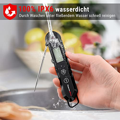 ThermoPro TP03HEU IPX6 Wasserdicht Fleischthermometer 0.5°C Präzise Grillthermometer 3s Schnelle Reaktion Faltbares Küchenthermometer für BBQ, Braten, Grill und Getränken Schwarz - 1