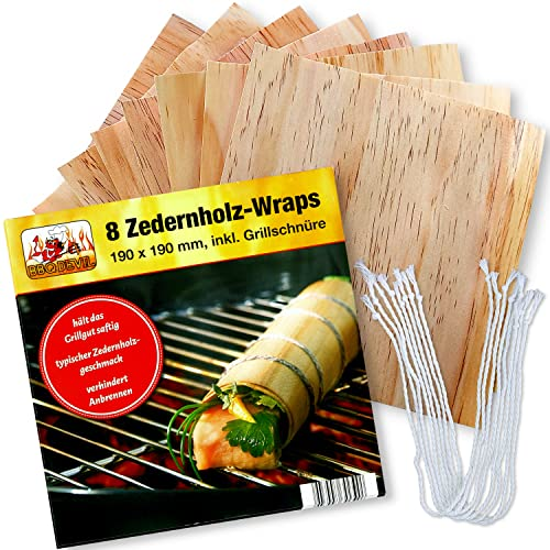 BBQ DEVIL - 8 Zedernholz-Wraps 190 x 190 mm, inkl. Grillschnüre, hält das Grillgut saftig, typischer Zedernholzgeschmack, verhindert anbrennen I Wood Papers I Grillpapier Zeder I Räucherpapier - 5